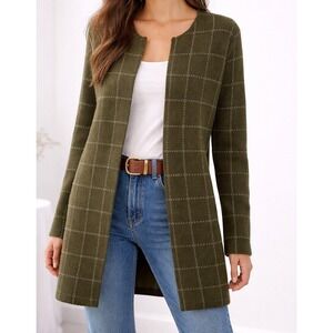 Olive Green Grid Cardigan Duster Minimal Cozy Sweater M